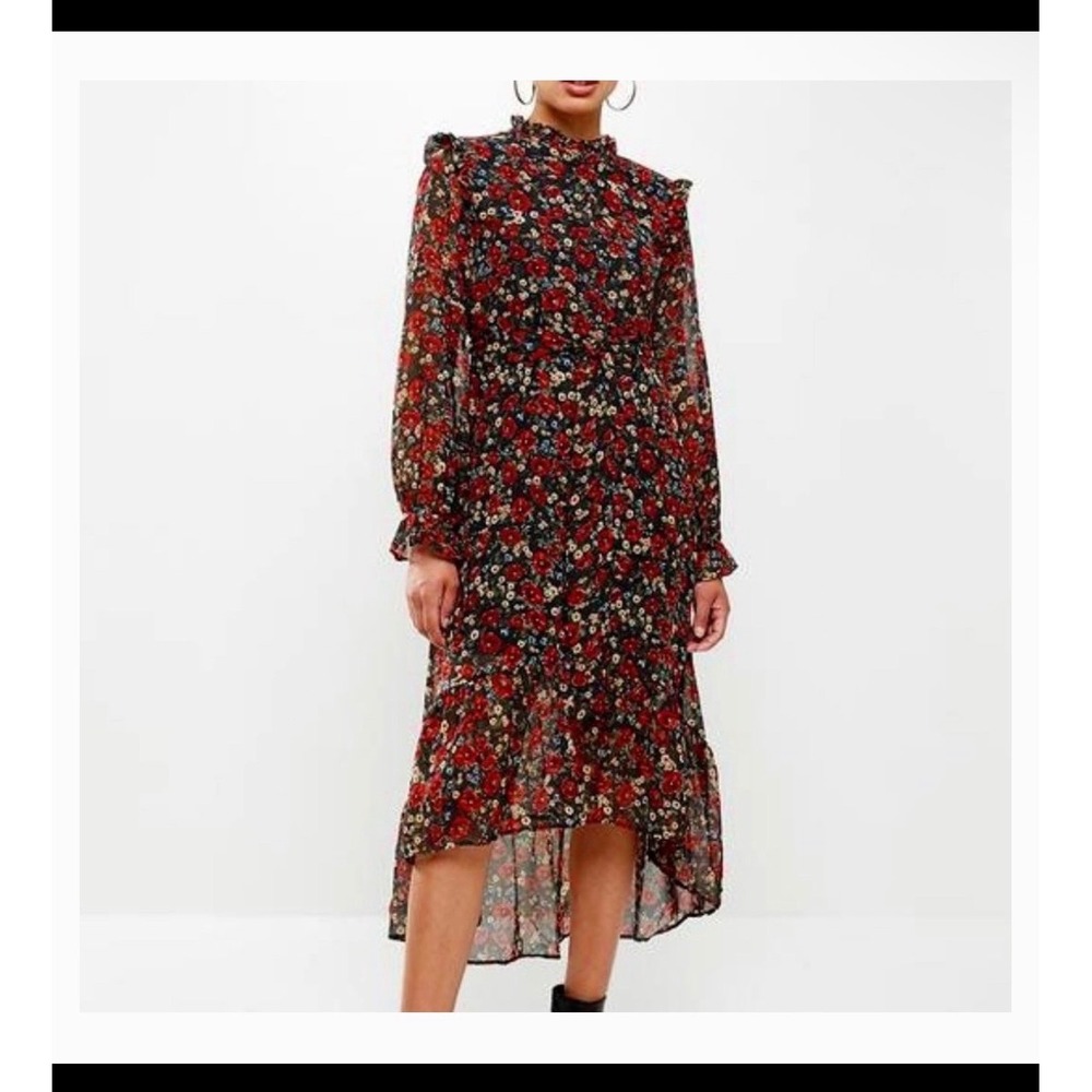 Missguided Petite Floral Ruffle Midi Dress Red Poppy Print Long Sleeve US 10